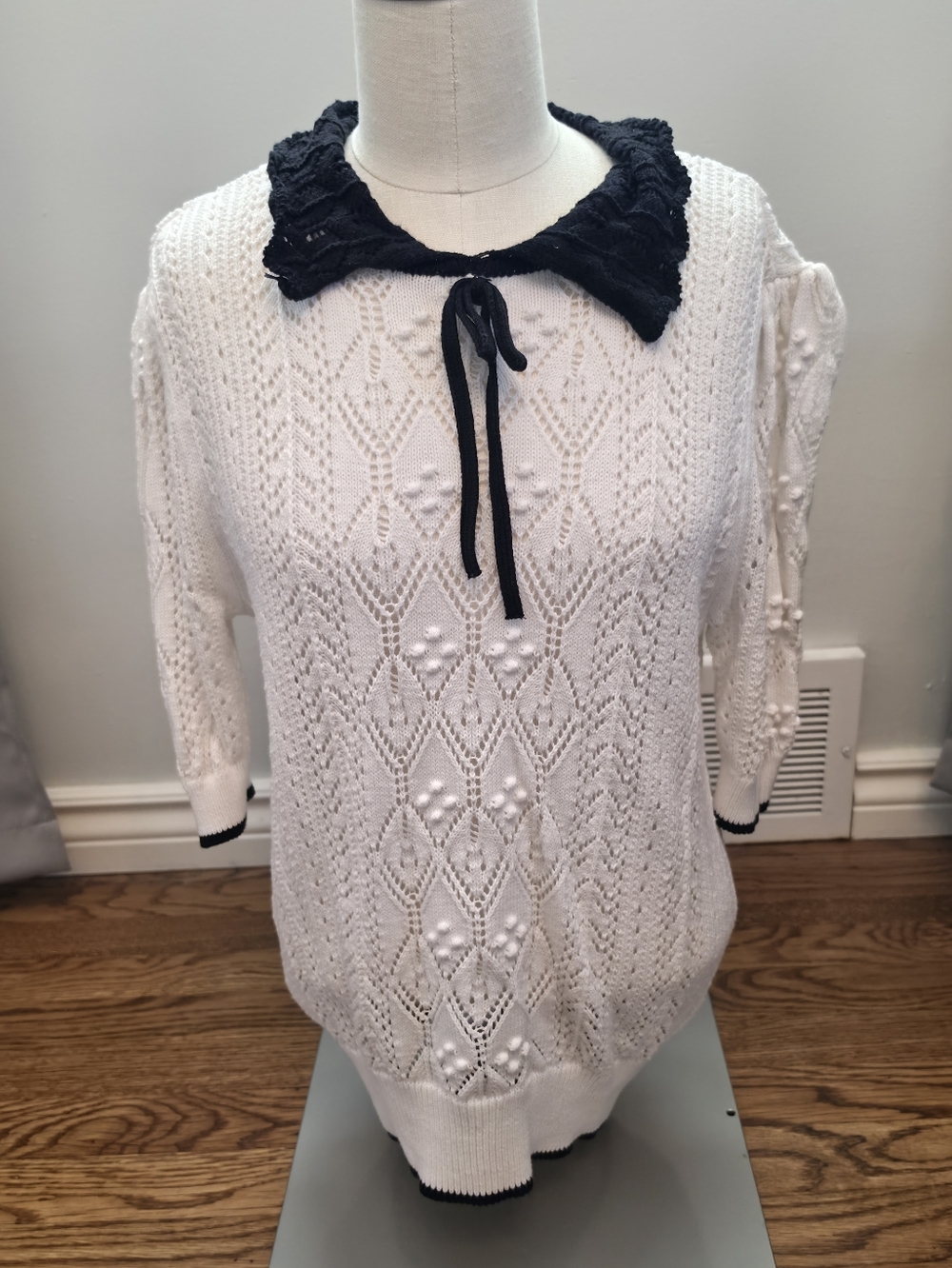LOFT White Open-Knit Sweater with Black Trim